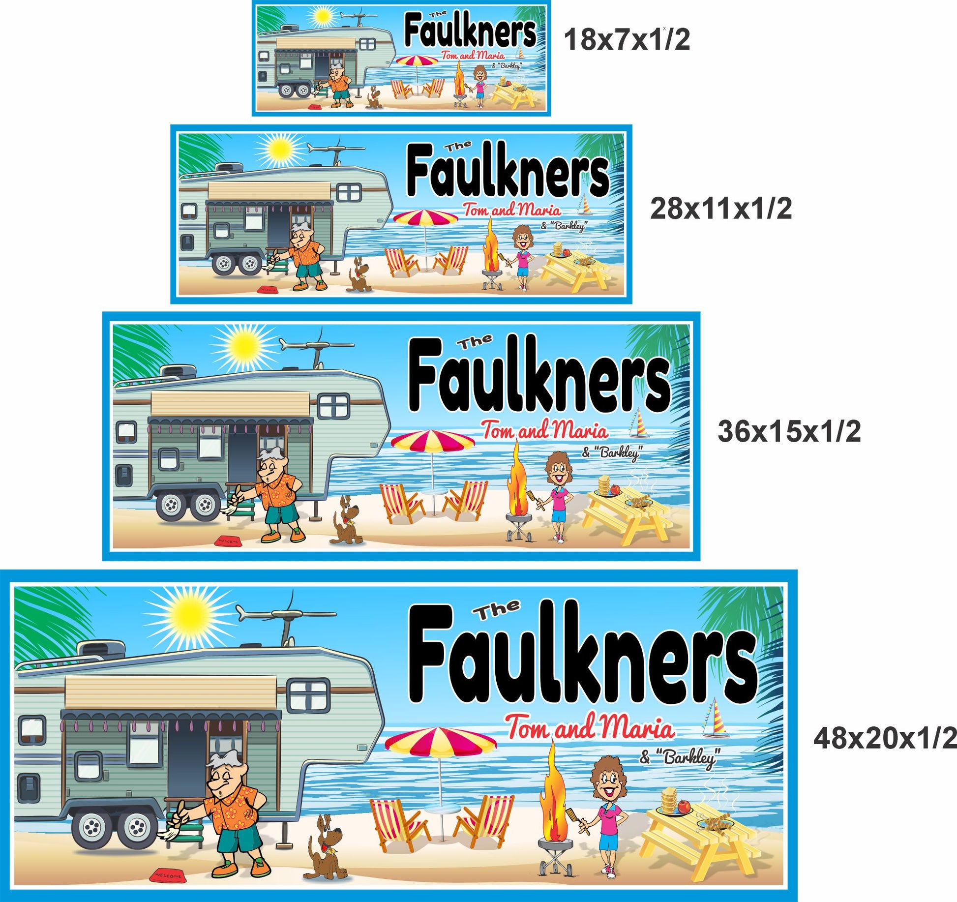 Personalized RV campsite sign shown in 18x7, 28x11, 36x15, and 48x20 inch sizes