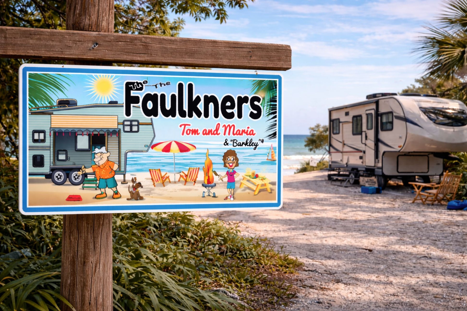 Personalized RV campsite sign mounted on a wooden post near a parked camper