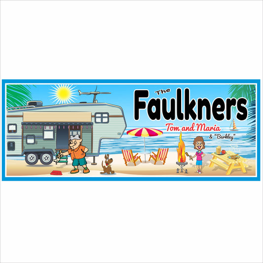 Personalized RV campsite family sign with cartoon RV and beach camping scene