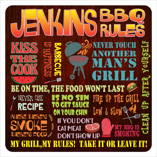Personalized BBQ rules sign with colorful typography and grilling phrases on dark wood background