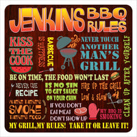Personalized BBQ rules sign with colorful typography and grilling phrases on dark wood background