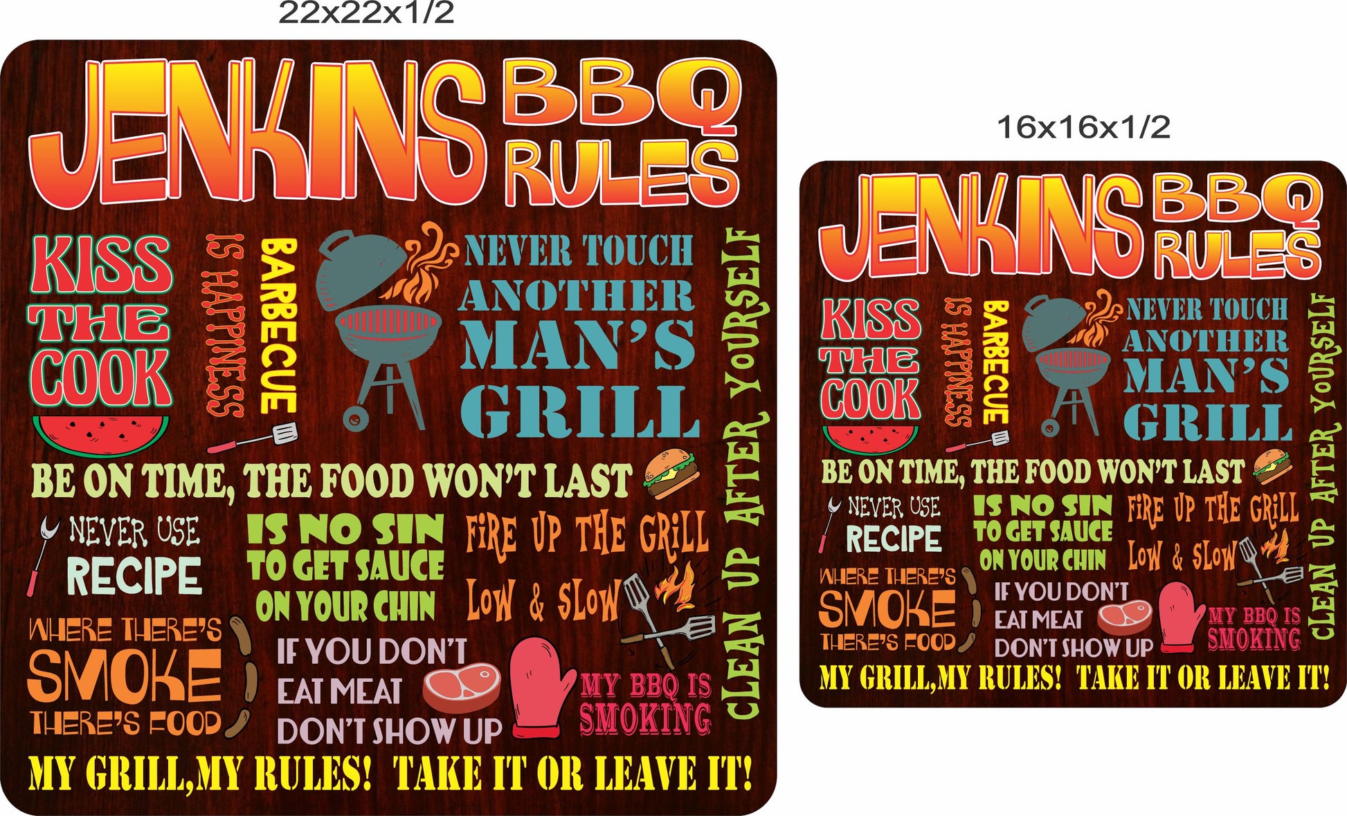 BBQ rules sign shown in 16x16 and 22x22 square size options