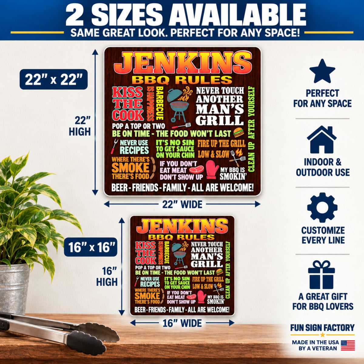 Size comparison showing the square BBQ rules sign in 22×22 and 16×16 inches, with width and height arrows.