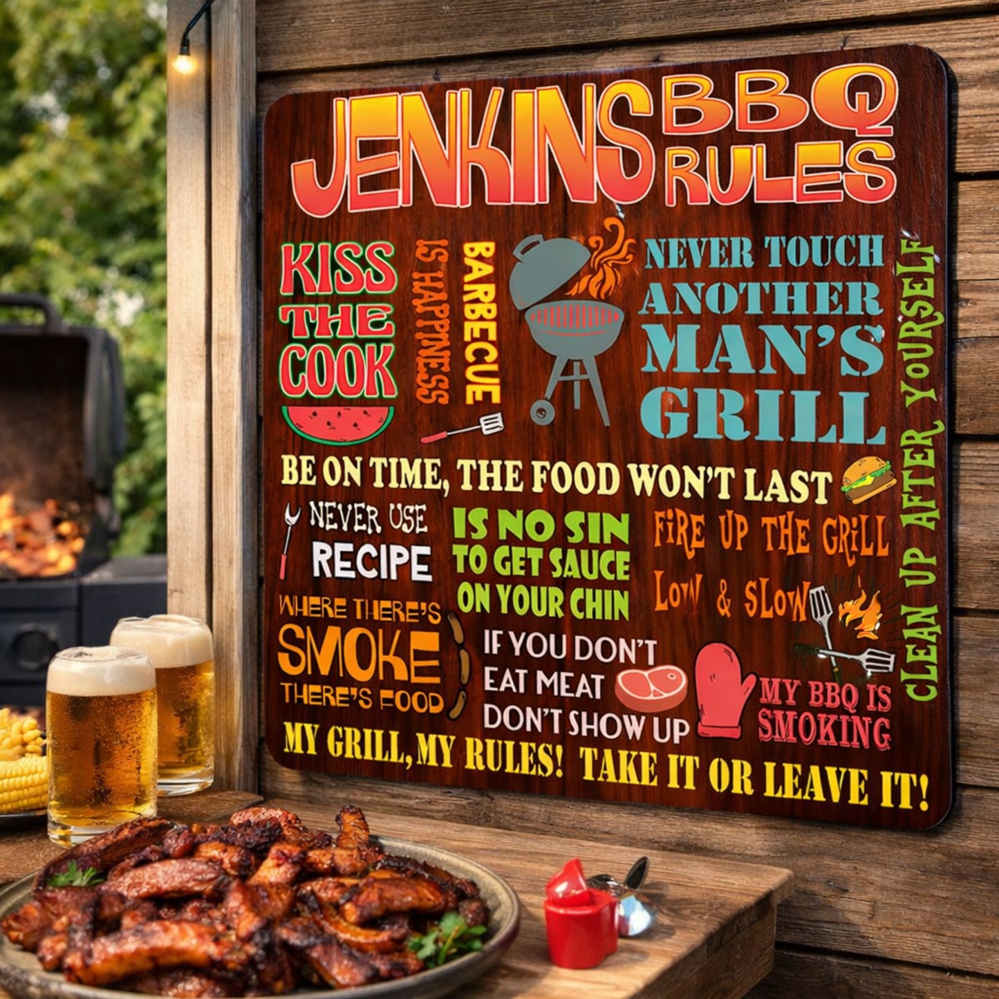 Custom BBQ rules sign displayed on an outdoor wall near a grill with food and drinks