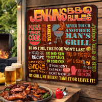 Custom BBQ rules sign displayed on an outdoor wall near a grill with food and drinks