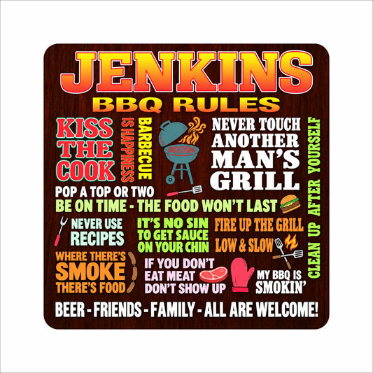 Personalized square BBQ rules sign with colorful lettering, grilling illustrations, rounded corners, and a dark wood-look background.