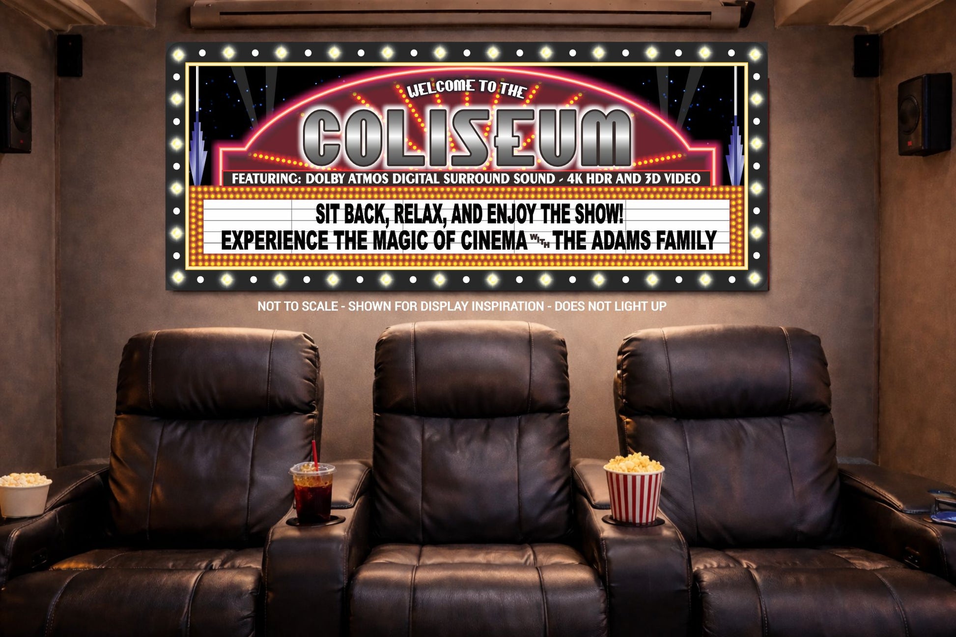 Custom home theater wall sign displayed above reclining theater seats