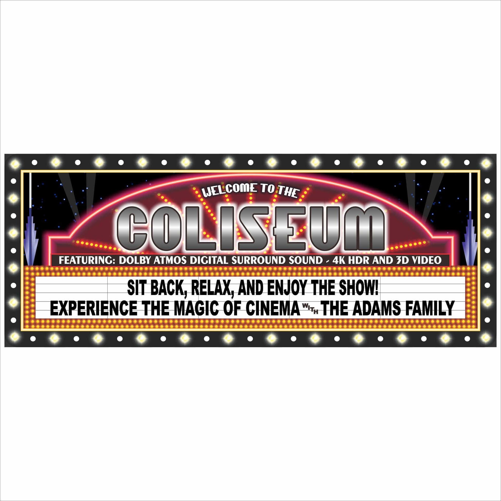 Personalized retro marquee style home theater sign with custom family name