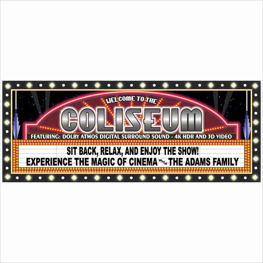 Personalized retro marquee style home theater sign with custom family name