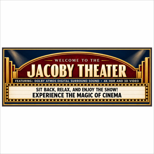 Custom home theater sign with burgundy and navy artwork, gold dimensional-look lettering, an arched cinema design, and two cream marquee message lines.