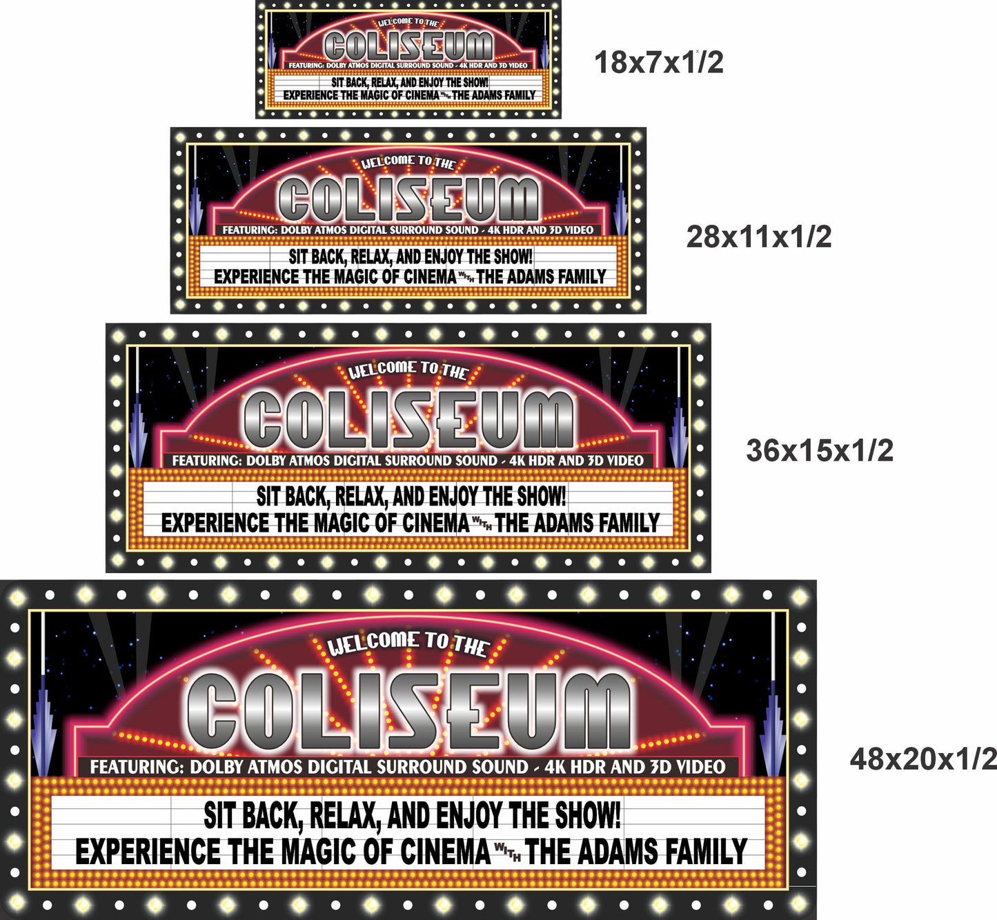 Graphic showing four available sign sizes for personalized home theater wall decor