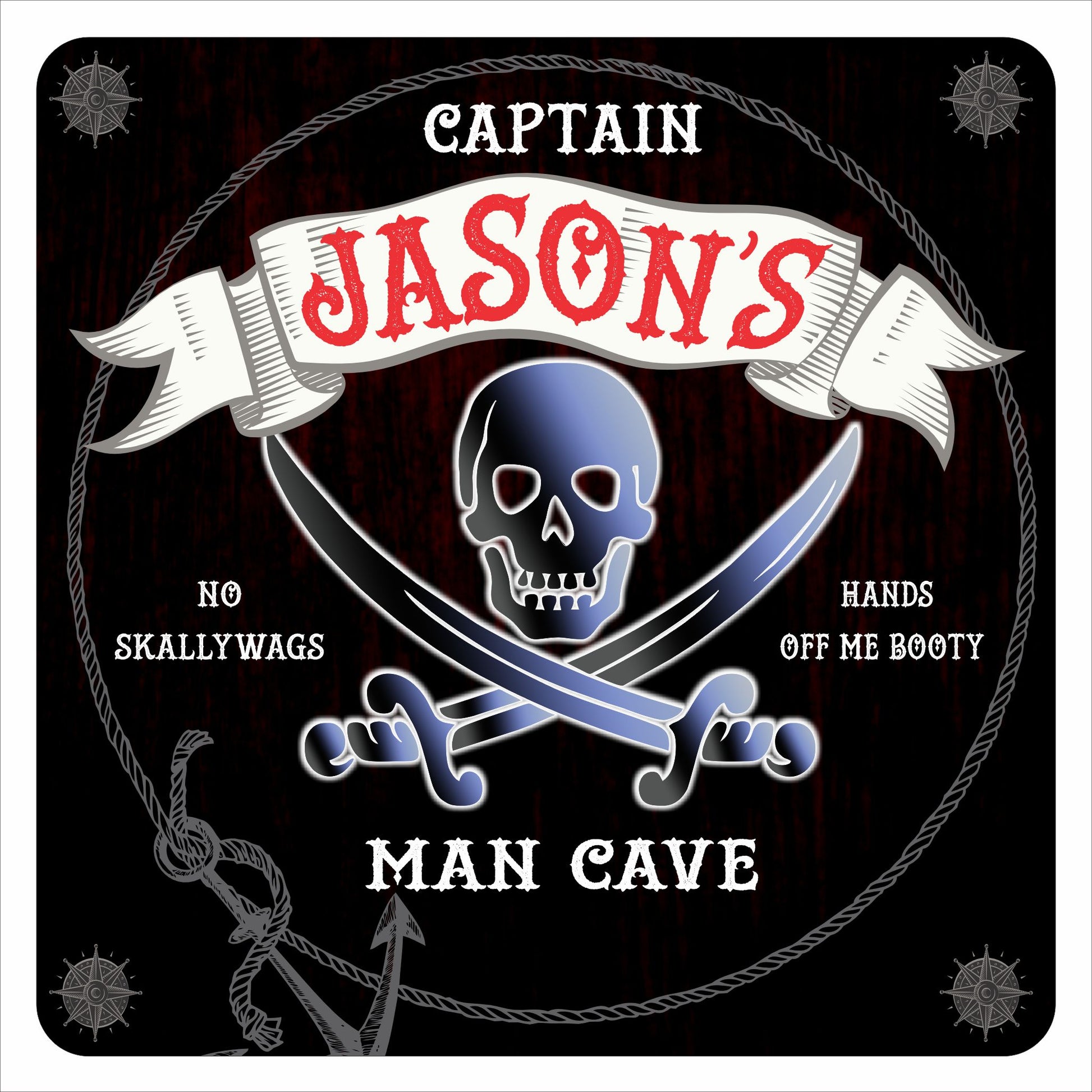 Personalized pirate man cave sign with skull and crossed swords on black background