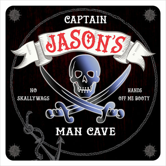Personalized pirate man cave sign with skull and crossed swords on black background