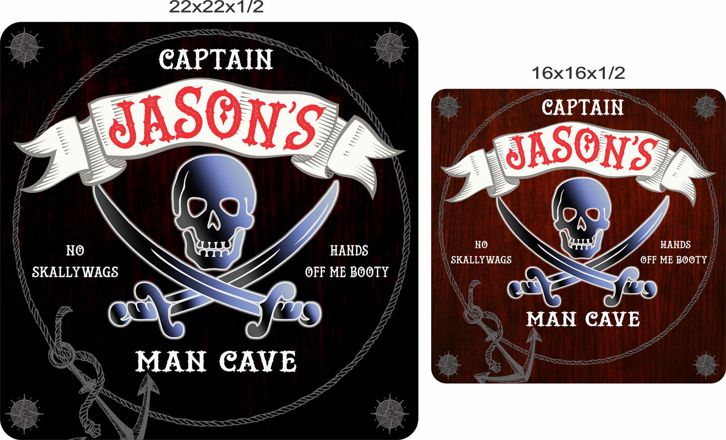 Pirate man cave sign shown in black and brown color options in 16x16 and 22x22 sizes