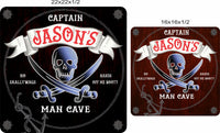 Pirate man cave sign shown in black and brown color options in 16x16 and 22x22 sizes