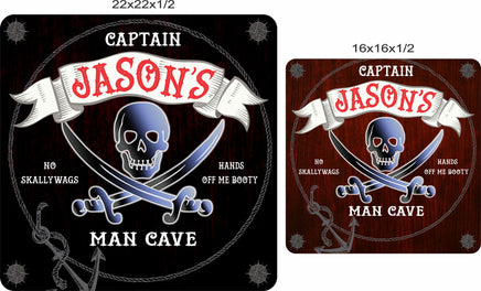 Pirate man cave sign shown in black and brown color options in 16x16 and 22x22 sizes
