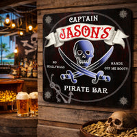 Pirate man cave sign displayed on a wall inside a rustic bar setting