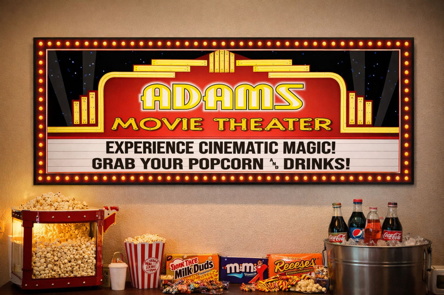 Personalized movie theater marquee sign mounted above home theater snack bar with popcorn machine, candy, and drinks creating cinema room decor vibe