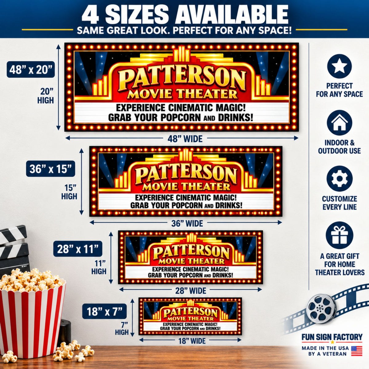 Size infographic showing personalized home theater sign in 18×7, 28×11, 36×15 and 48×20 inch sizes.