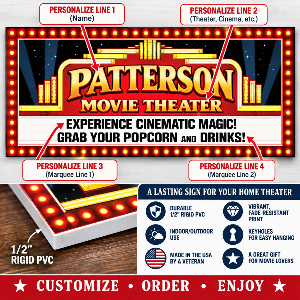Personalization infographic showing four editable text areas on a custom home movie theater sign.