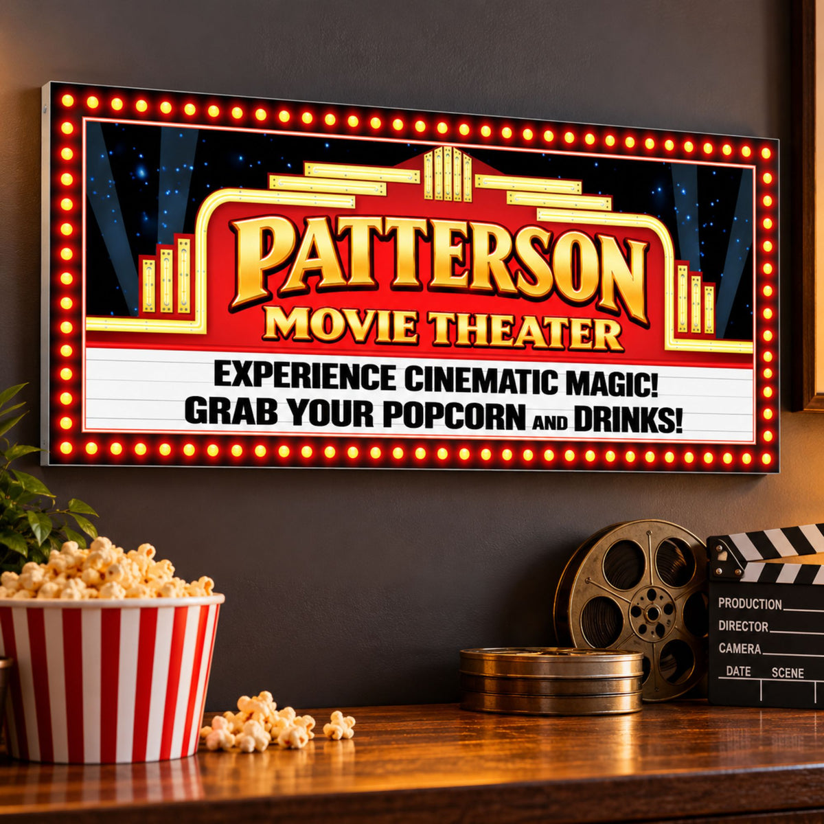 Personalized movie theater sign displayed on a dark wall with popcorn, film reels and movie-themed decor.