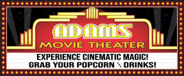 Custom home theater sign designed to look like a vintage movie marquee with faux neon lights and a flashbulb effect border. The sign can be personalized with family names and custom text. It creates a glamorous Tinseltown vibe, perfect for enhancing a home movie room. The sign is also available with a brick background.