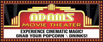 Custom home theater sign designed to look like a vintage movie marquee with faux neon lights and a flashbulb effect border. The sign can be personalized with family names and custom text. It creates a glamorous Tinseltown vibe, perfect for enhancing a home movie room. The sign is also available with a brick background.
