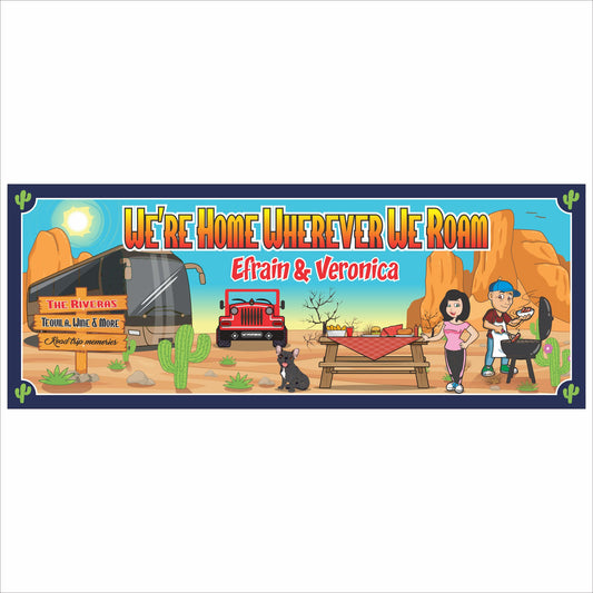 RV camping sign with desert mountains, camper, picnic table, and personalized text