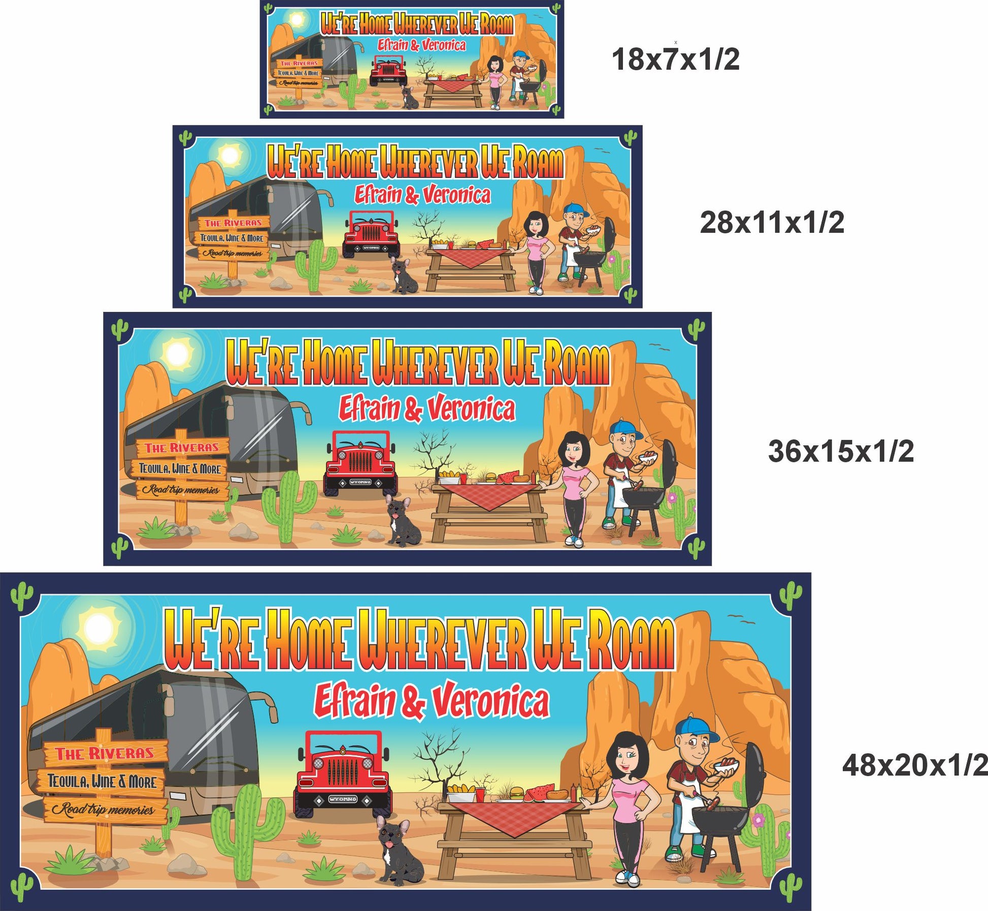 Four size options for personalized RV camping sign shown together