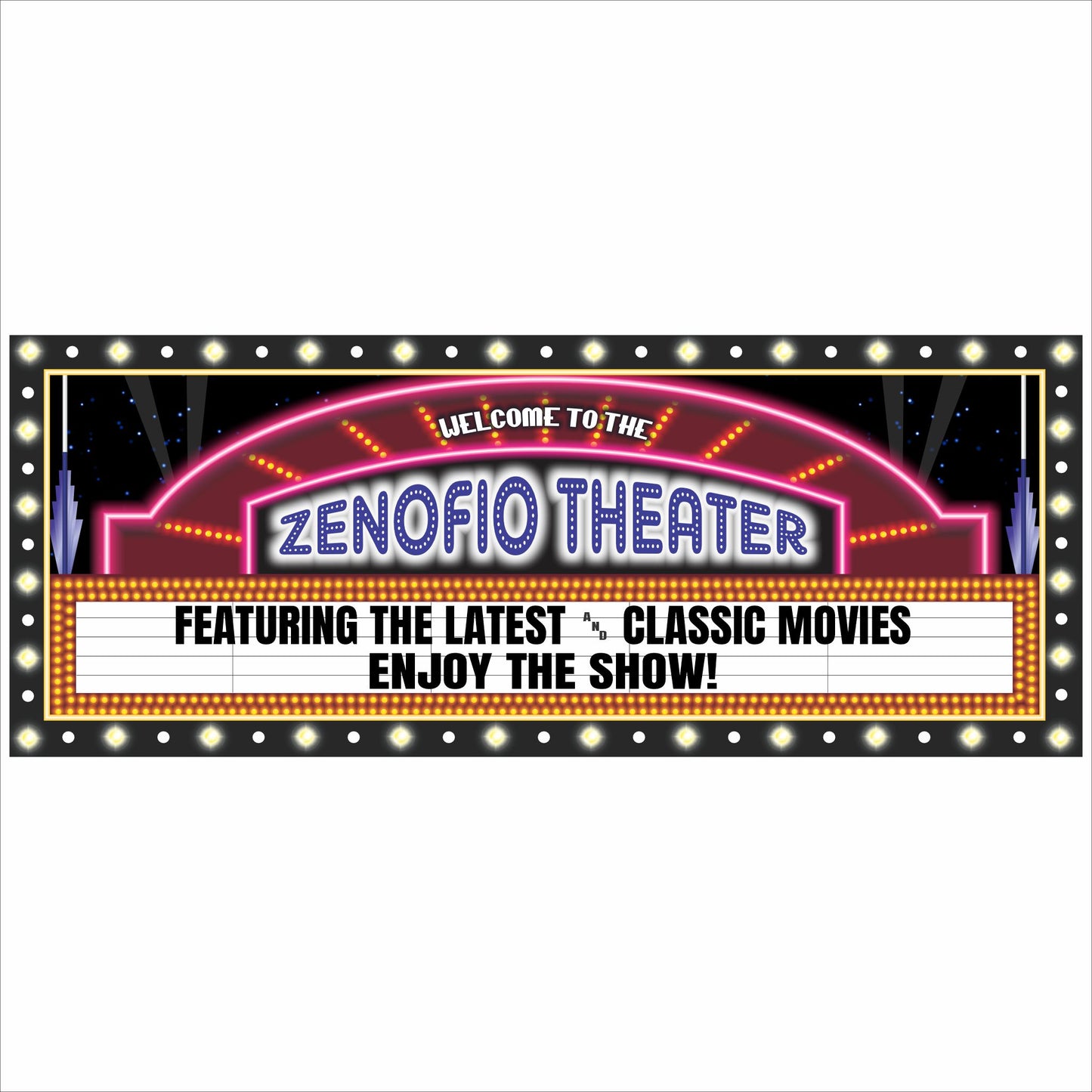 personalized home theater marquee sign with customizable text on black background with lights