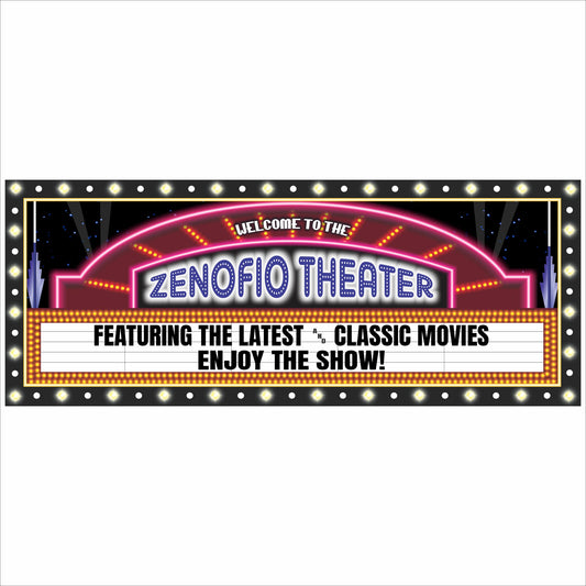 personalized home theater marquee sign with customizable text on black background with lights