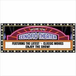 personalized home theater marquee sign with customizable text on black background with lights