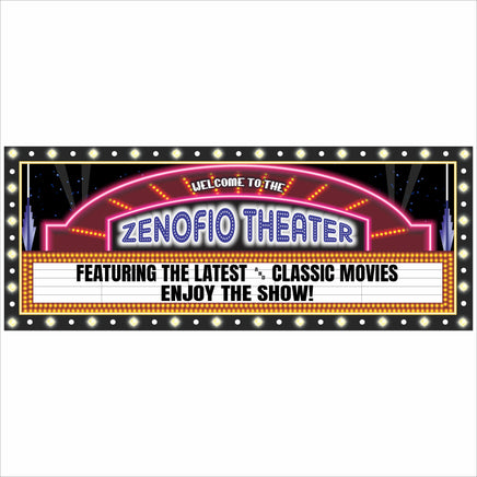 personalized home theater marquee sign with customizable text on black background with lights