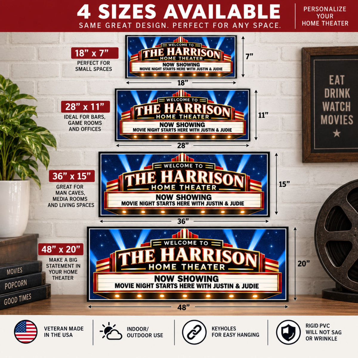 Size infographic showing the home theater sign in 18×7, 28×11, 36×15 and 48×20 sizes.