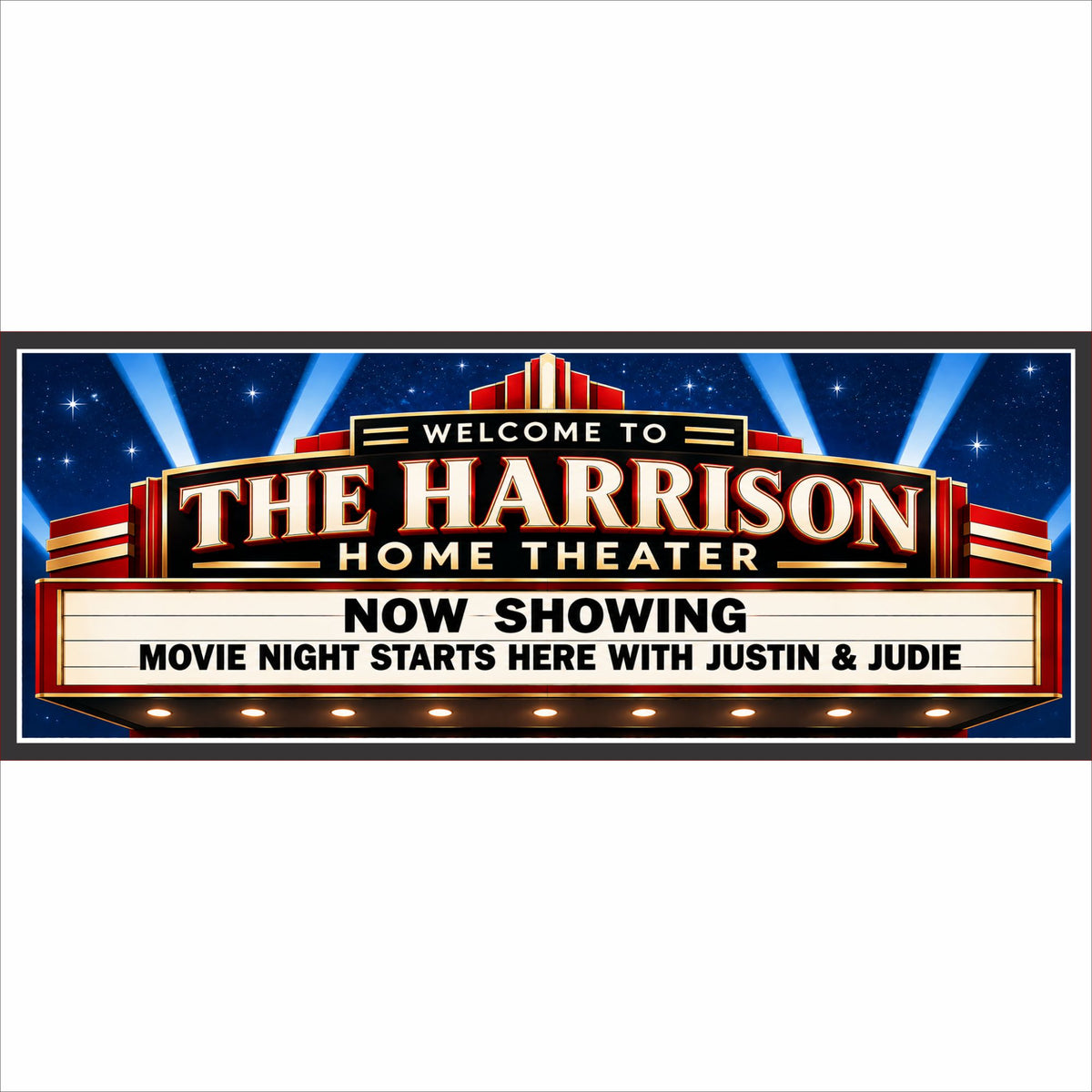 Personalized Harrison Home Theater marquee sign with starry sky, searchlights and custom movie-night wording.