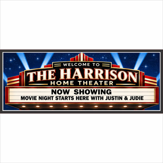 Personalized Harrison Home Theater marquee sign with starry sky, searchlights and custom movie-night wording.