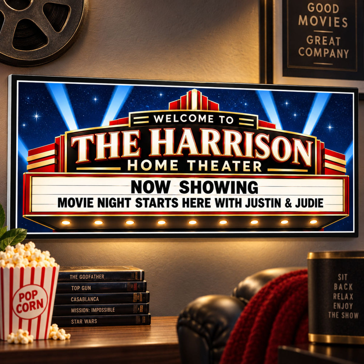 Custom Harrison Home Theater sign displayed in a cozy home movie room setting.