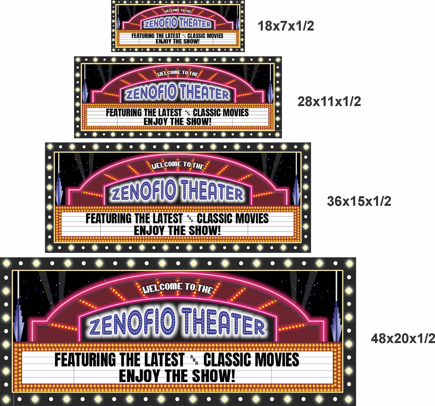 four home theater signs shown in different sizes stacked for comparison