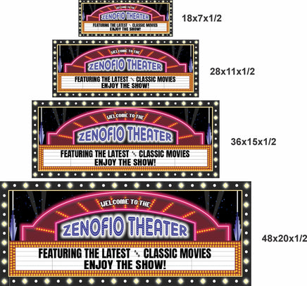 four home theater signs shown in different sizes stacked for comparison