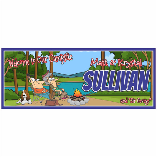Personalized campsite sign with cartoon family, RV, campfire, and custom text