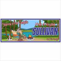 Personalized campsite sign with cartoon family, RV, campfire, and custom text