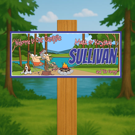 ustom campsite welcome sign displayed outdoors on wooden post at campground