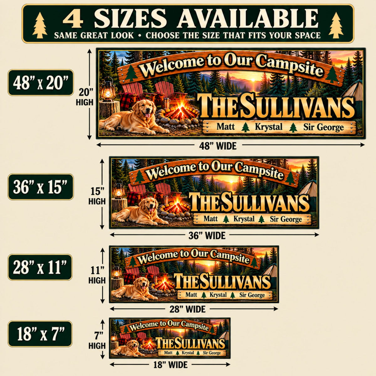 Four available campsite sign sizes shown for comparison: 18x7, 28x11, 36x15 and 48x20 inches.