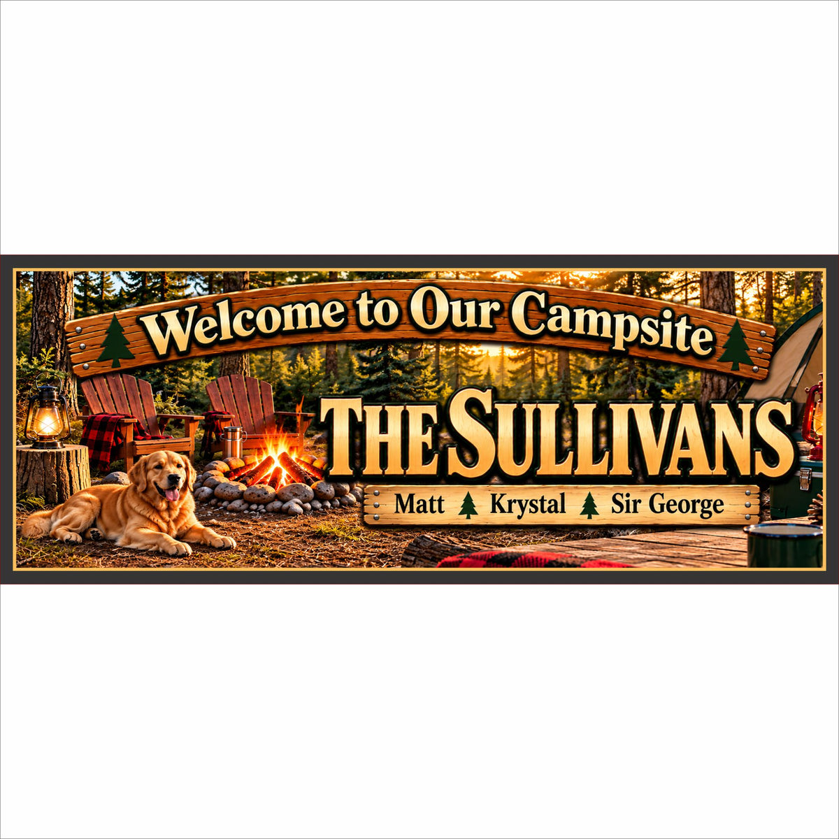 Personalized family campsite sign with forest camping scene, campfire, custom family name, individual names and customizable pet.