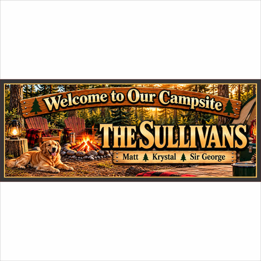 Personalized family campsite sign with forest camping scene, campfire, custom family name, individual names and customizable pet.