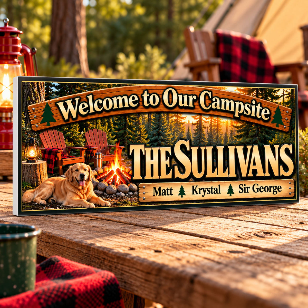 Personalized campsite sign displayed on a rustic table at a woodland campsite.