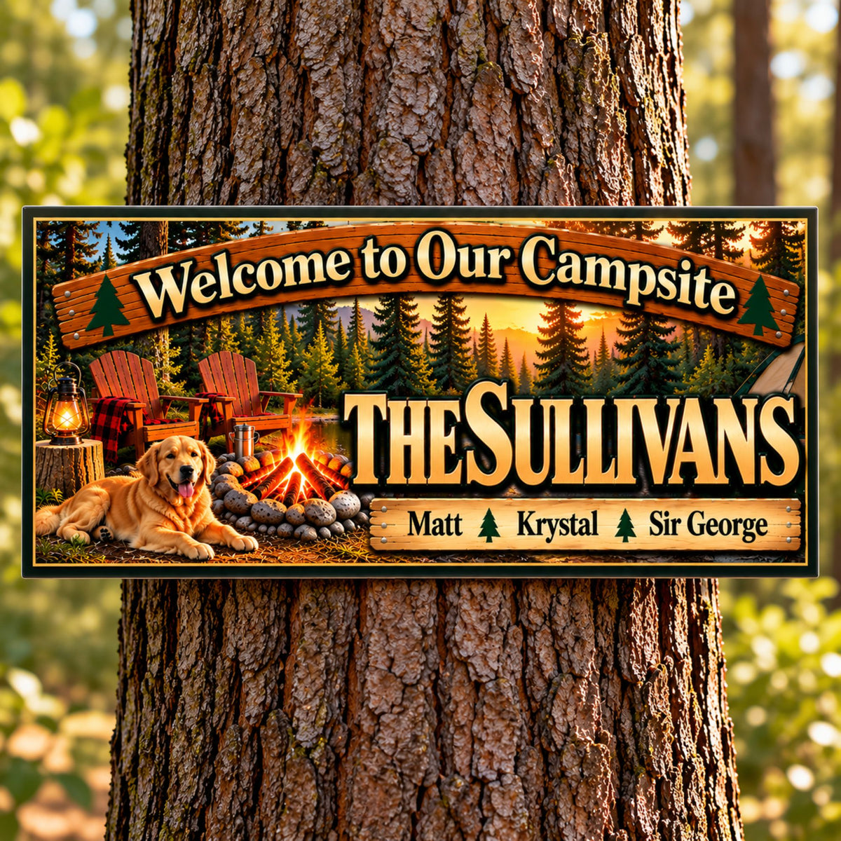 Personalized family campsite sign displayed on a tree in an outdoor camping setting.
