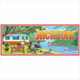 Personalized family camping RV sign with illustrated campsite scene and custom name area