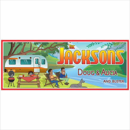 Personalized family camping RV sign with illustrated campsite scene and custom name area
