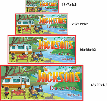 Camping RV sign shown in multiple available sizes for scale comparison